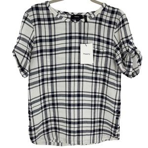 NWT Theory S Plaid Crew Neck Button Top Navy Short Sleeve Viscose Linen